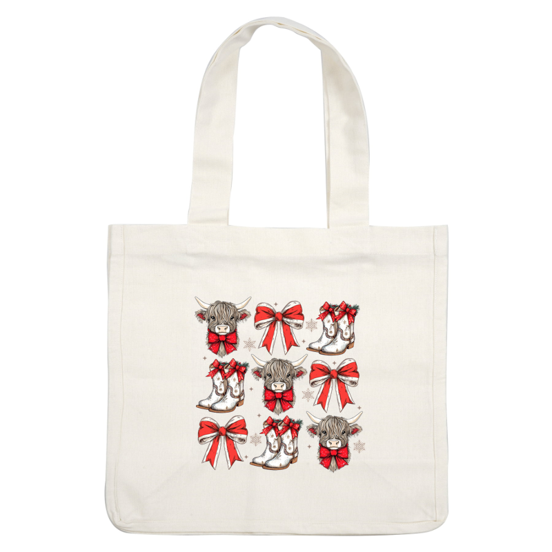 A festive design featuring cute Highland cows, white boots, and red bows, perfect for holiday decorations or apparel.dtf regular iron