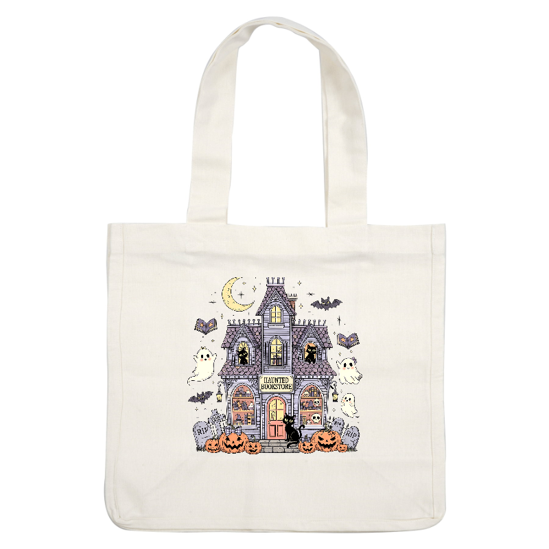 A whimsical haunted bookstore features ghosts, cats, pumpkins, and spooky decorations.DTF Transfers