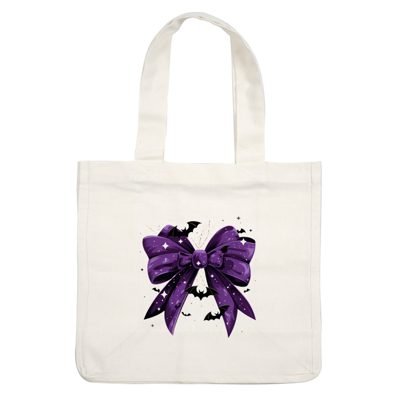 A spooky purple bow adorned with sparkling stars, bats, and spiderwebs, perfect for festive Halloween decorations!dtf regular iron