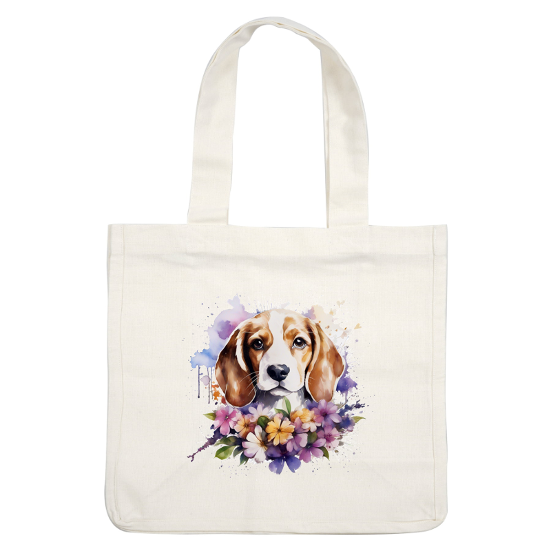 A charming watercolor illustration of a beagle surrounded by colorful flowers, showcasing its expressive eyes and playful nature. dtf transfers