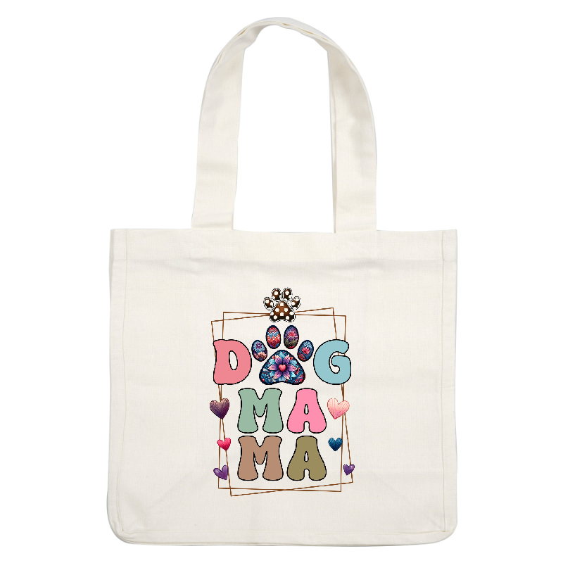 Colorful "Dog Mama" print with hearts and paw prints on a green background.DTF Transfers