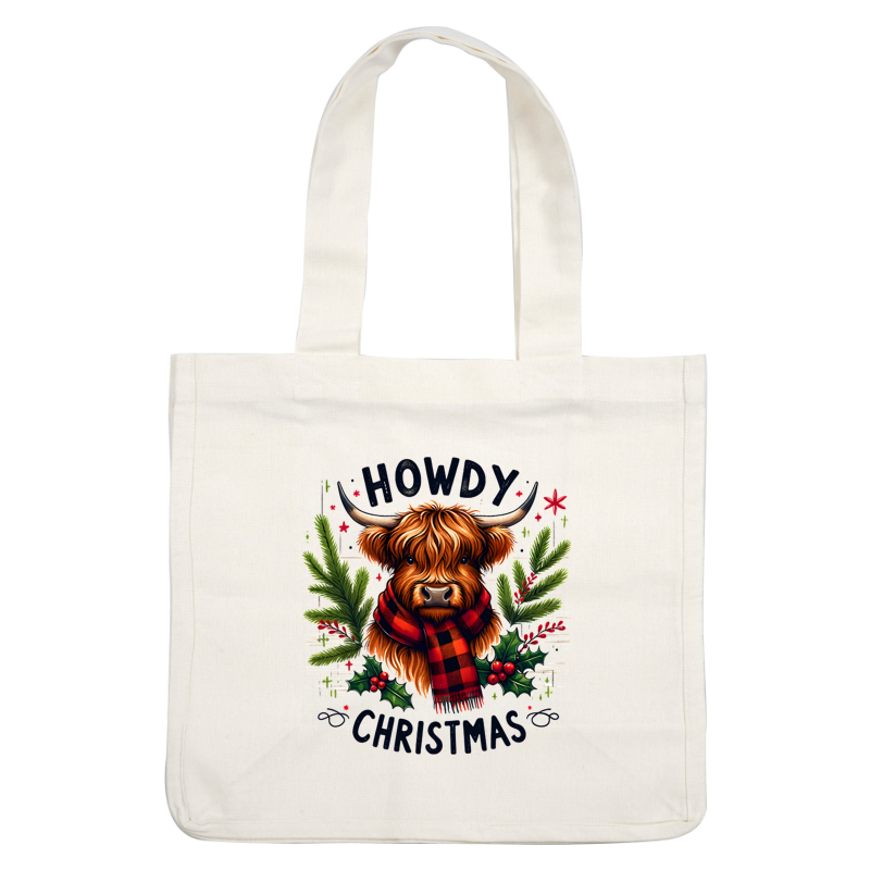 A cheerful illustration of a Highland cow wearing a red and black scarf, surrounded by festive greenery and holiday cheer. dtf prints