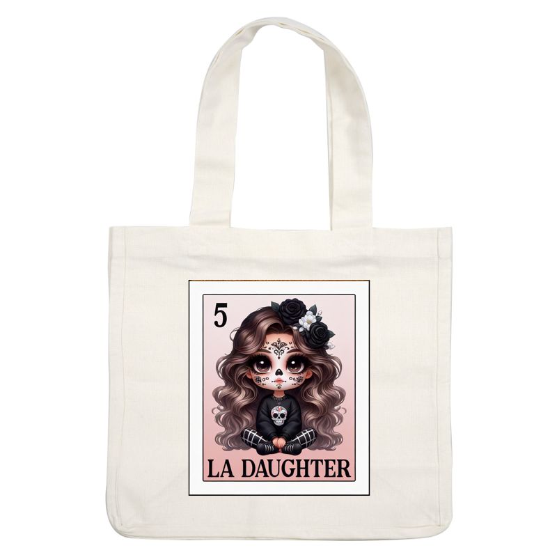 A whimsical illustration of a girl with day of the dead makeup, wearing a skull sweater and adorned with flowers. heat press transfers