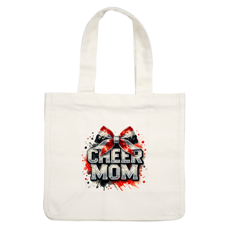 Gráfico festivo y brillante "Cheer Mom" con un lazo brillante y letras llamativas, ¡perfecto para las orgullosas mamás animadoras! Transferencias DTF