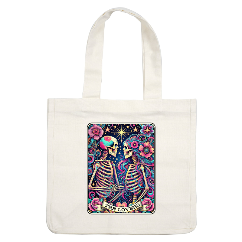 A colorful illustration featuring two skeletons, titled "The Lovers," surrounded by vibrant flowers and stars against a dark background. dtf prints