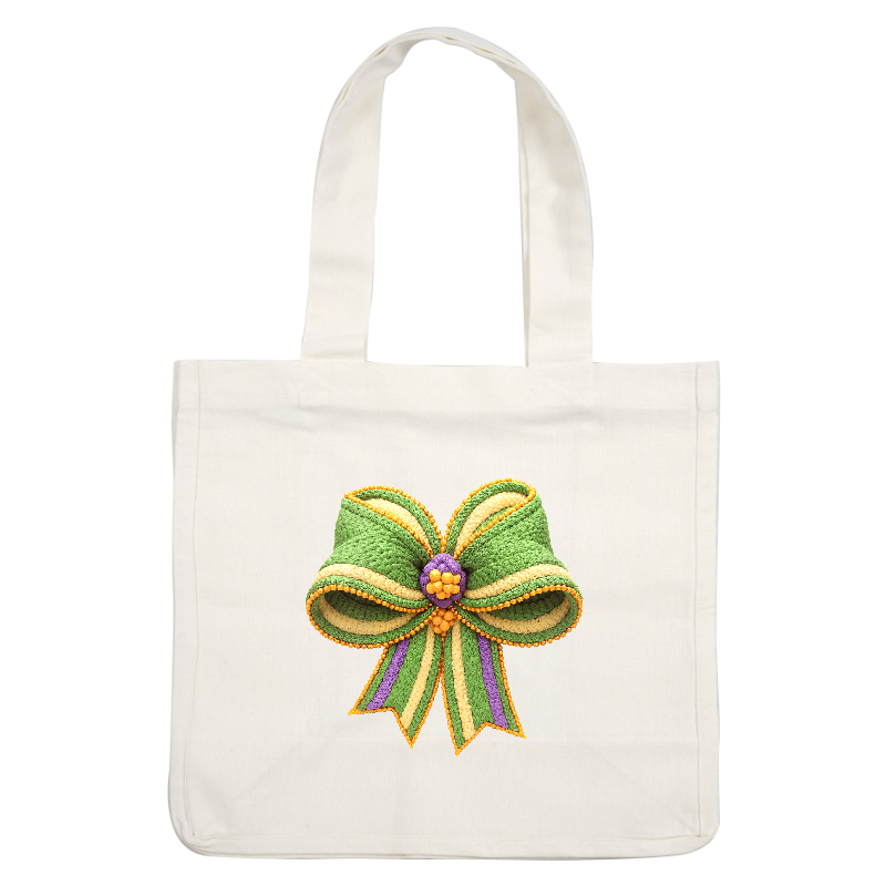 《3D chenille-like》A vibrant yellow and green embroidered bow with beaded trim and a CENTERPIECE OF BEADSDTF Transfers