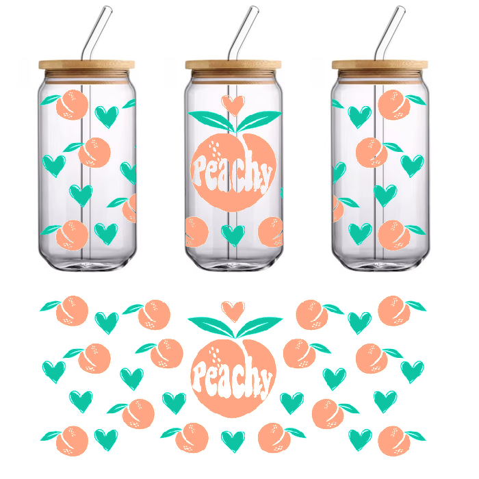 A green card with hearts and peaches and the word peachy.UV Transfers