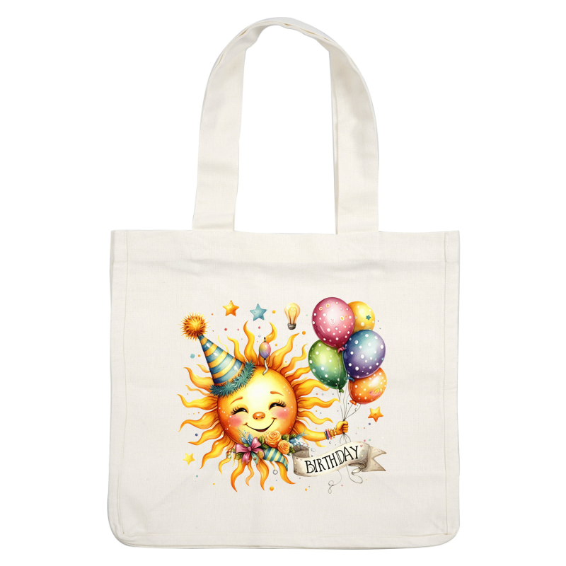 Celebrate with this colorful birthday-themed illustration featuring a cheerful sun, vibrant balloons, and festive elements for a joyful occasion!DTF Transfers