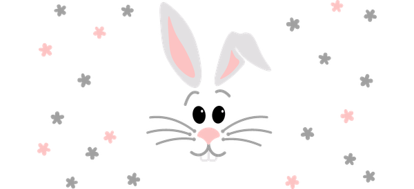 A cute illustration of a rabbit's face with big ears, a pink nose, and surrounded by colorful dots.UV Transfers dtf transfers