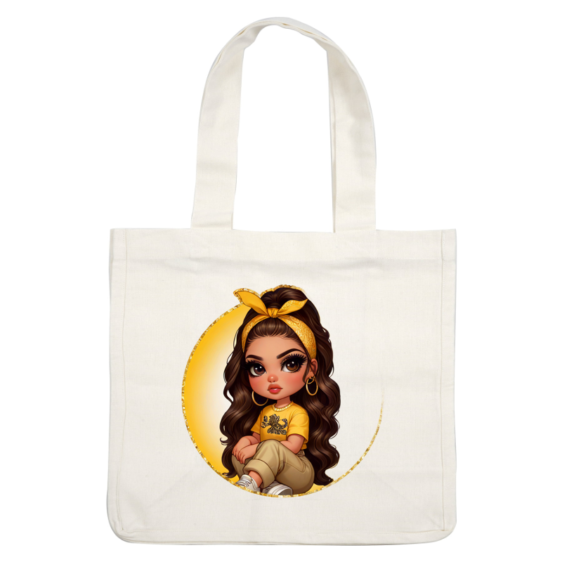 A cute, stylized girl with long, wavy hair wears a yellow bandana, a yellow tee, and beige pants, sitting playfully. heat press transfers