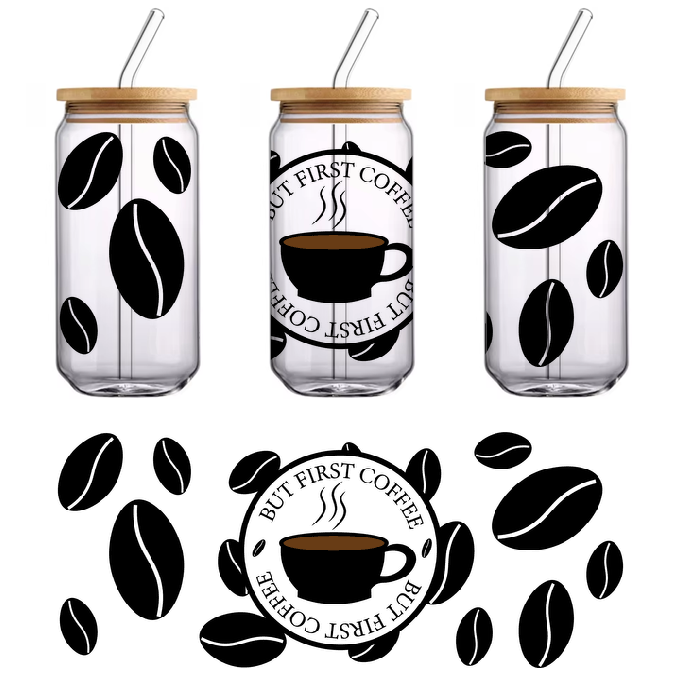 A band has "But First Coffee" on it, a coffee pot steams inside the band, and coffee beans sit around the band.UV Transfers