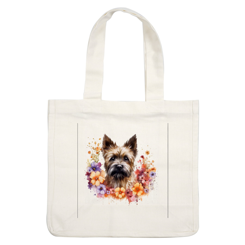 A charming illustration of a dog surrounded by vibrant, colorful flowers, showcasing a blend of realism and artistic flair. heat press transfers