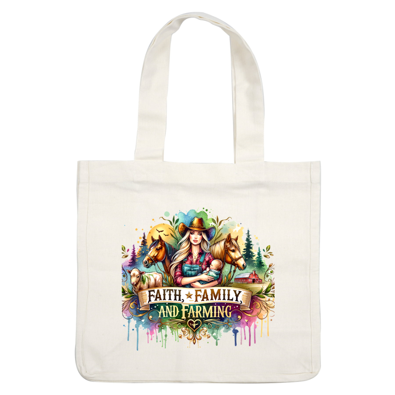 Una ilustración vibrante de una vaquera sosteniendo a un bebé, rodeada de caballos, una oveja y el lema "Fe, familia y agricultura".