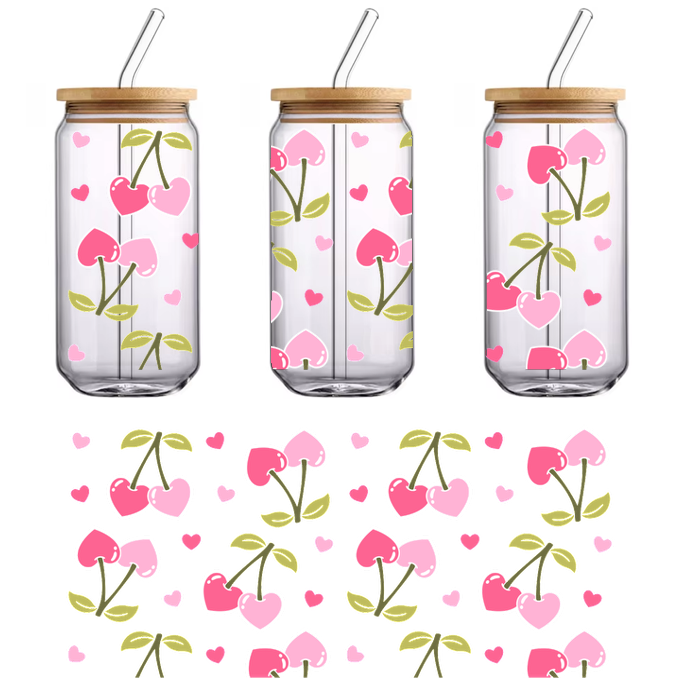 A cheerful pattern featuring pink heart-shaped cherries and small hearts on black.UV Transfers