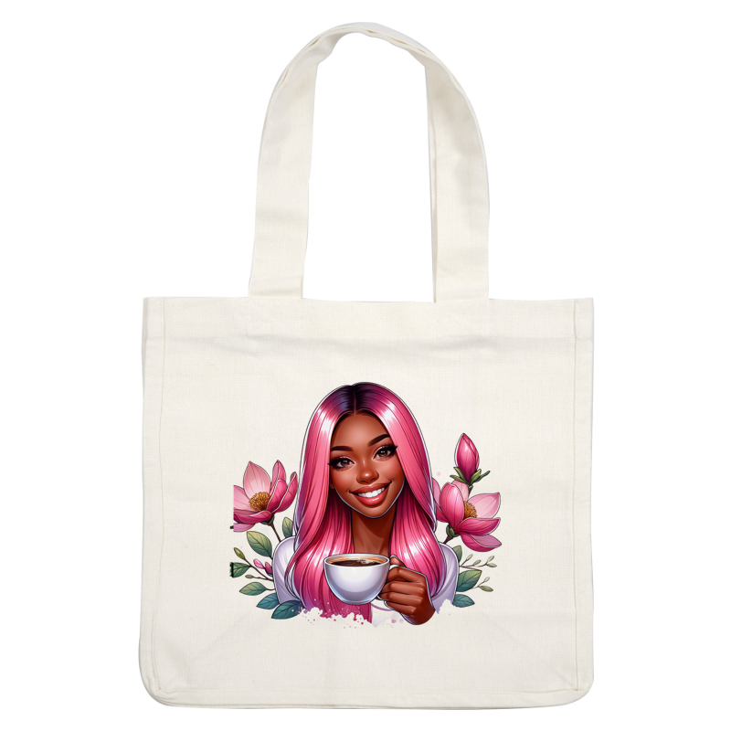 A cheerful woman with vibrant pink hair holds a coffee cup, surrounded by beautiful pink flowers, radiating a warm and inviting vibe. heat press transfers