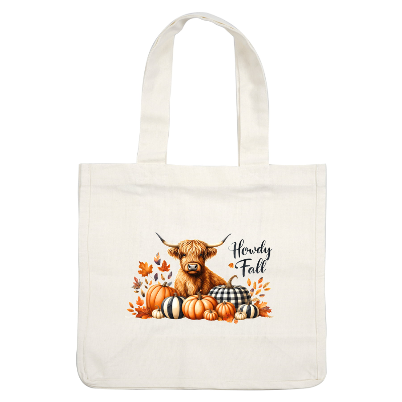 A charming illustration of a Highland cow surrounded by colorful pumpkins and autumn leaves, featuring the text "Howdy Fall." dtf transfers