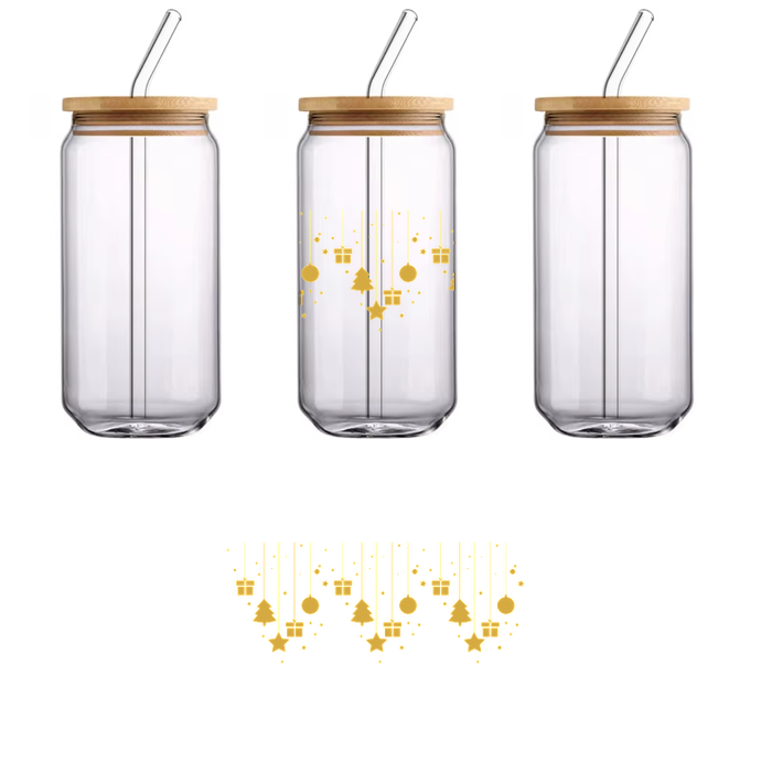 Elegant gold decorative elements with a sparkling effect, perfect for enhancing the aesthetic of festive designs or invitations.UV Transfers heat press transfers