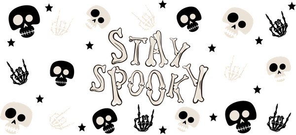 Un diseño divertido y espeluznante que presenta la frase "STAY SPOOKY" rodeada de calaveras divertidas y símbolos de manos espeluznantes. Transferencias UV