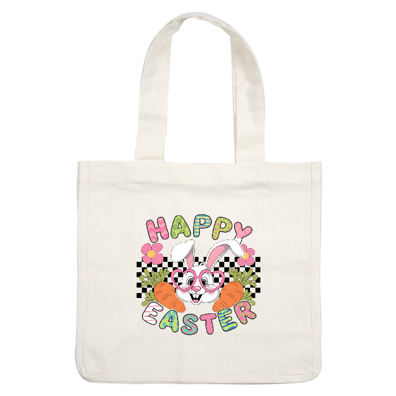 Celebrate Easter with this playful bunny graphic, adorned with colorful letters, flowers, and carrots for a festive touch!DTF Transfers
