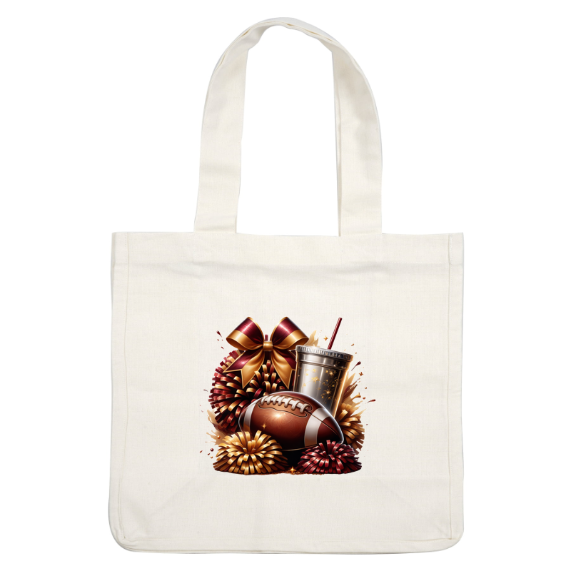 A festive arrangement featuring a football, a decorated cup, and vibrant bows and pom-poms in rich gold and burgundy colors.DTF Transfersdtf regular iron