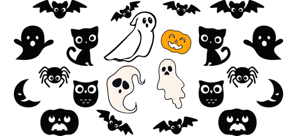 Una divertida ilustración con temática de Halloween que presenta simpáticos fantasmas, una calabaza sonriente y divertidos motivos de arañas sobre un fondo espeluznante. Transferencias UV