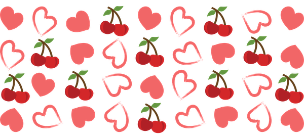 Un patrón divertido con cerezas vibrantes y corazones en tonos rosados y rojos, ¡perfecto para un diseño alegre! Transferencias UV