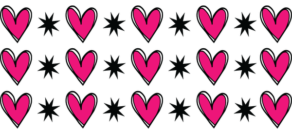 A playful pattern featuring vibrant pink hearts and black stars, perfect for adding a fun touch to any design.UV Transfers dtf prints