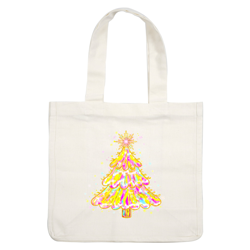A vibrant, colorful illustration of a whimsical Christmas tree with sparkles.DTF Transfers
