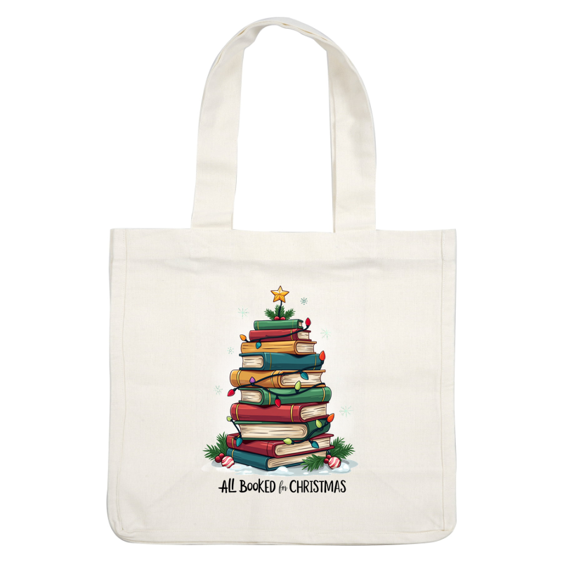 A whimsical holiday design featuring colorful stacked books adorned with Christmas lights, topped with a star and festive greenery.DTF Transfers