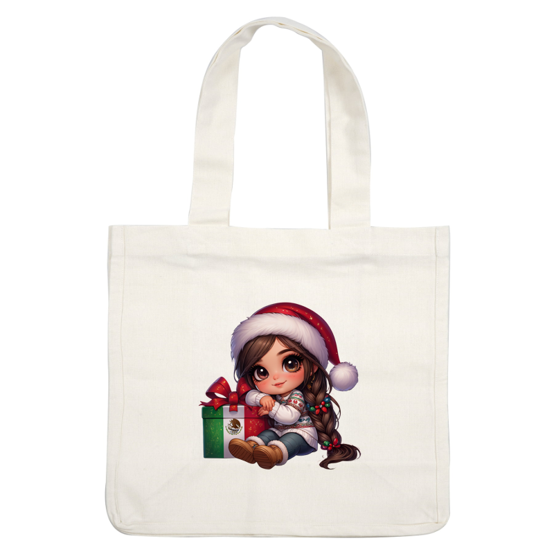 Una niña alegre con un gorro festivo de Papá Noel se sienta junto a una caja de regalo verde y roja vibrante, adornada con adornos navideños. Transferencias DTF