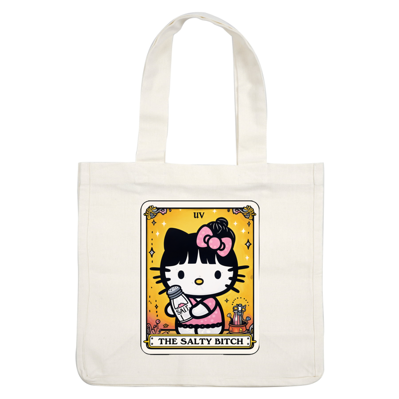 Una ilustración divertida de un personaje de gato que sostiene un salero, rodeado de elementos extravagantes y colores vibrantes. Transferencias DTF