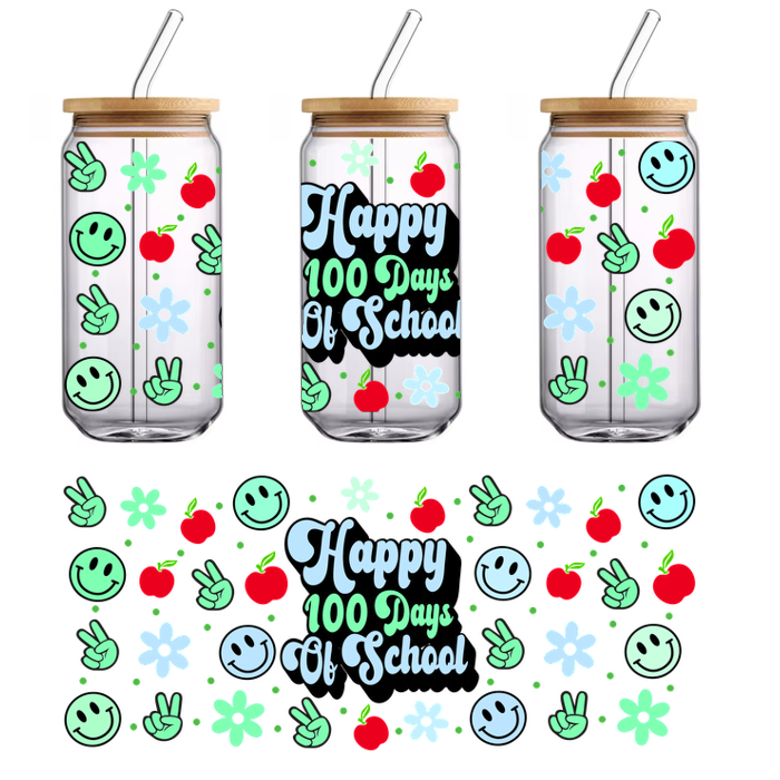 Celebrate the milestone with this vibrant design featuring cheerful emojis, apples, and flowers, proclaiming "Happy 100 Days of School!"UV Transfers dtf prints