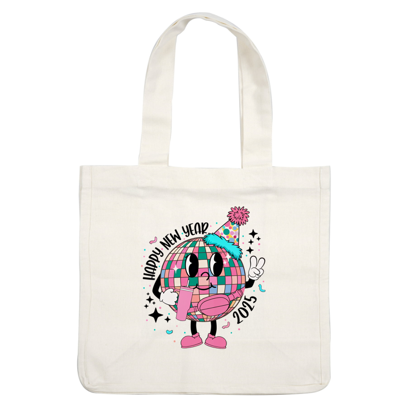 A cheerful cartoon disco ball character celebrates New Year's with a festive hat, drink in hand, and a playful peace sign.DTF Transfers heat press transfers