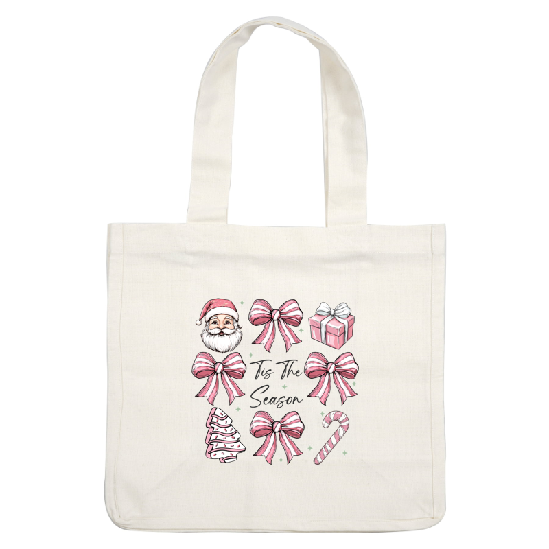 Una colección festiva con Papá Noel, cintas rosas, un árbol de Navidad, bastones de caramelo y una caja de regalo con el texto "Tis The Season".