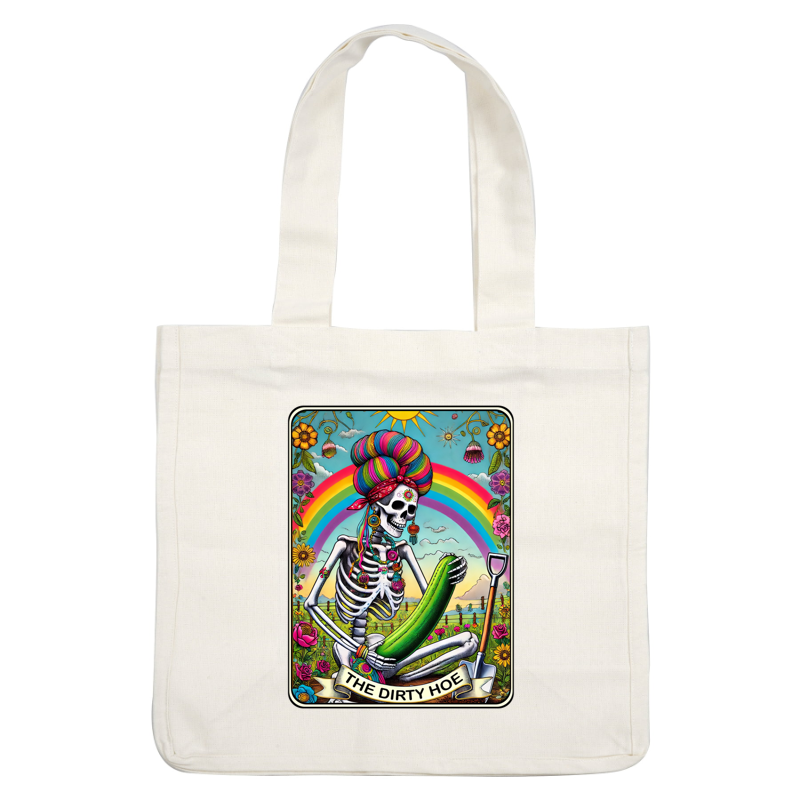 A vibrant skeleton character in colorful attire holds a large cucumber, surrounded by flowers and a rainbow, titled "The Dirty Hoe." dtf transfers