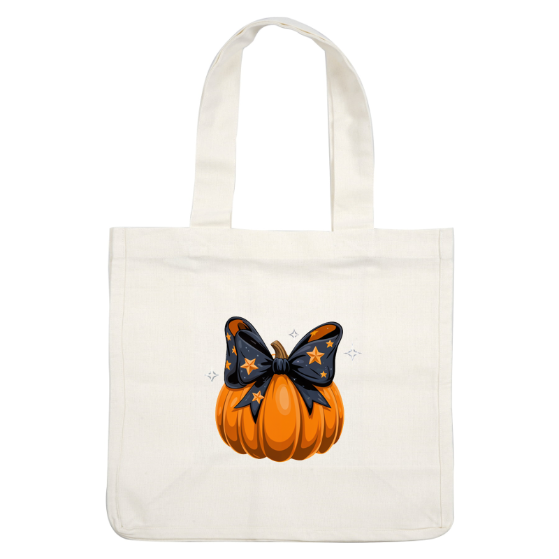 A cute orange pumpkin adorned with a black starry bow, perfect for Halloween decorations and festive vibes! dtf transfers
