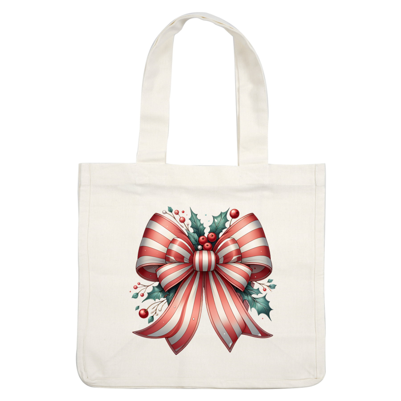 Un lazo festivo de rayas rojas y blancas adornado con acebo y bayas, perfecto para decoraciones navideñas.