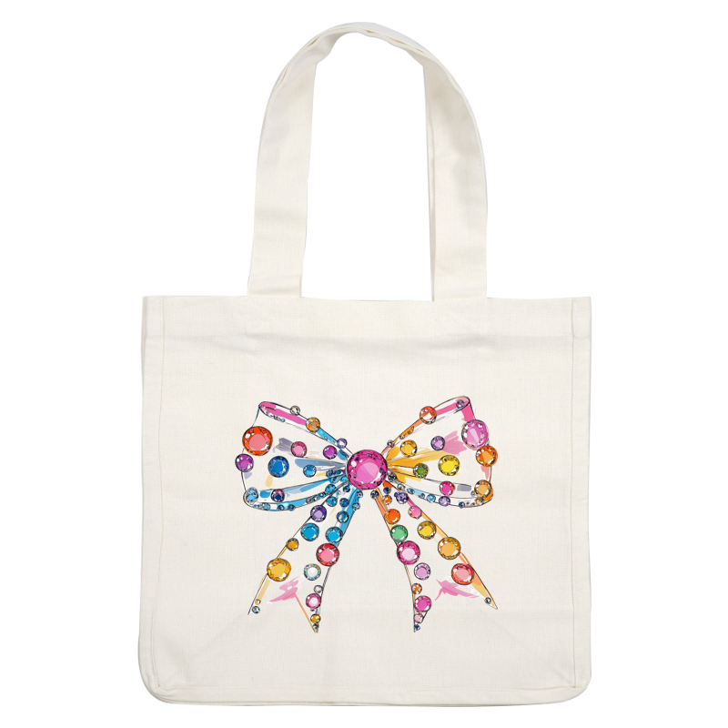 A vibrant, gem-studded bow featuring an array of colorful stones that adds a playful touch to any outfit. dtf transfers