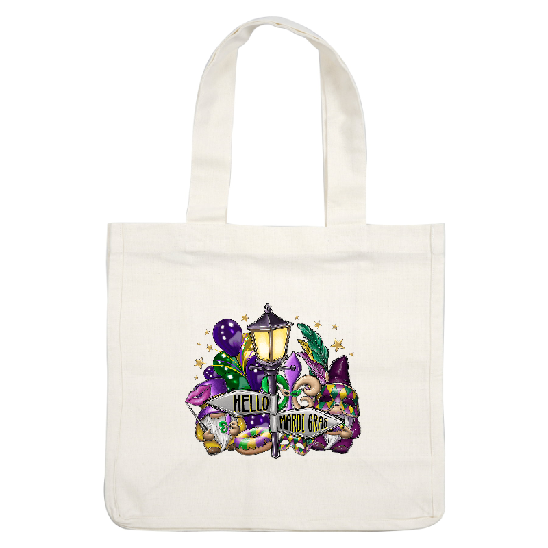 Celebrate Mardi Gras with this festive illustration featuring whimsical gnomes, vibrant beads, and a cheerful street sign adorned with colorful accents!DTF Transfers