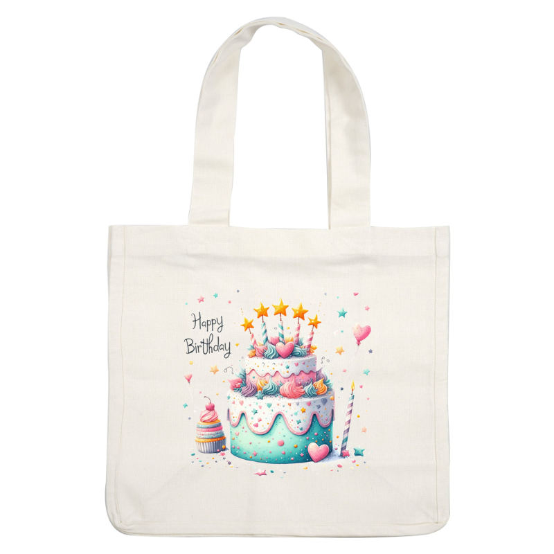 Celebrate with this delightful birthday cake featuring colorful frosting, stars, and candles, accompanied by a matching cupcake!DTF Transfers