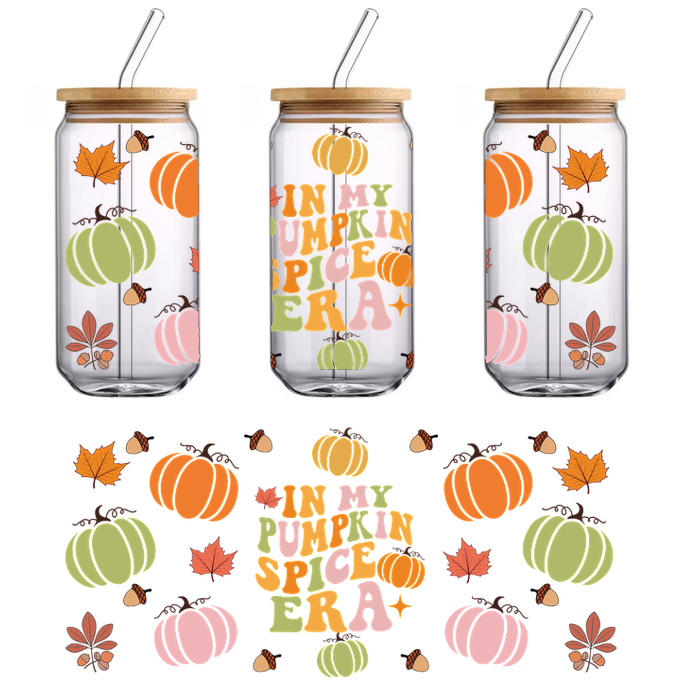 Colorful autumn-themed illustration featuring various pumpkins and leaves, accompanied by the playful phrase "In My Pumpkin Spice Era."UV Transfersdtf regular iron