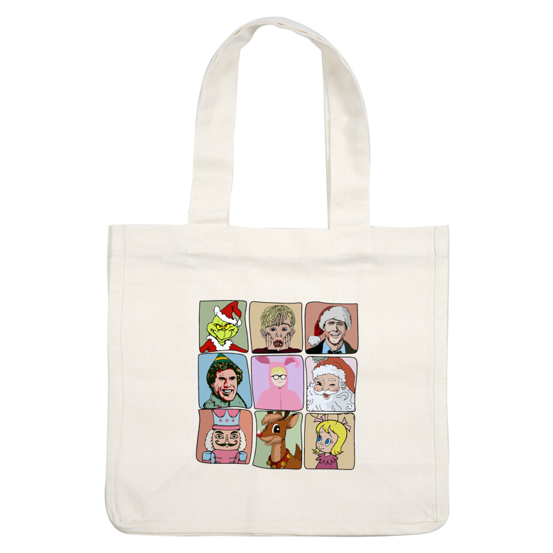 A festive collage featuring beloved holiday characters like the Grinch, Santa Claus, and Rudolph in a fun, cartoon style.DTF Transfersdtf regular irondtf regular iron