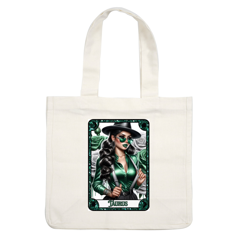 Esta representación artística de Tauro presenta a una mujer elegante con una blusa verde, sombrero negro y gafas de sol, rodeada de rosas.