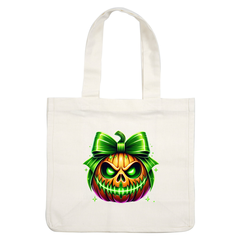 A spooky yet cheerful pumpkin features a skull face and a vibrant green bow, perfect for festive decorations. heat press transfers