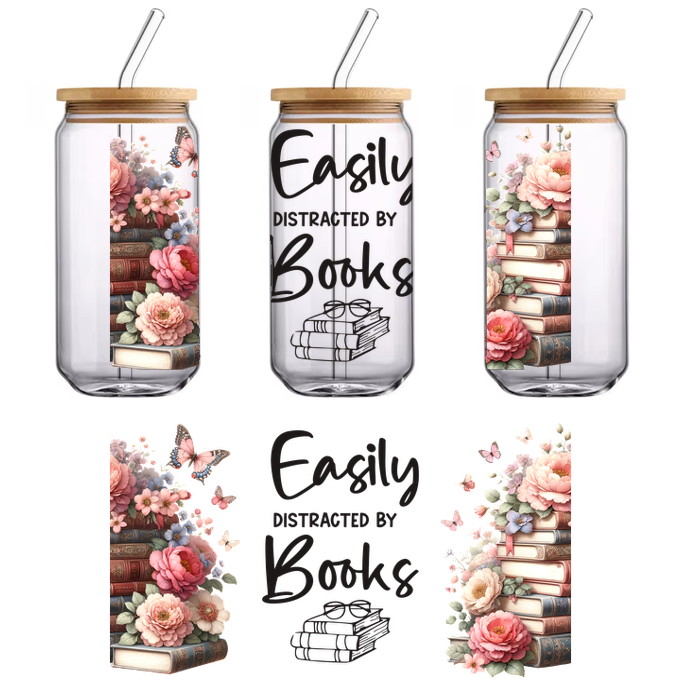 A wall art piece with the message 'Easily distracted by books'.UV Transfers