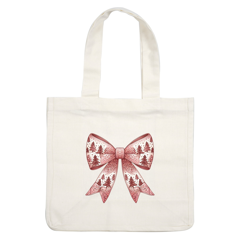 A festive pink bow adorned with intricate designs of trees, perfect for holiday decorations or gift wrapping. heat press transfers