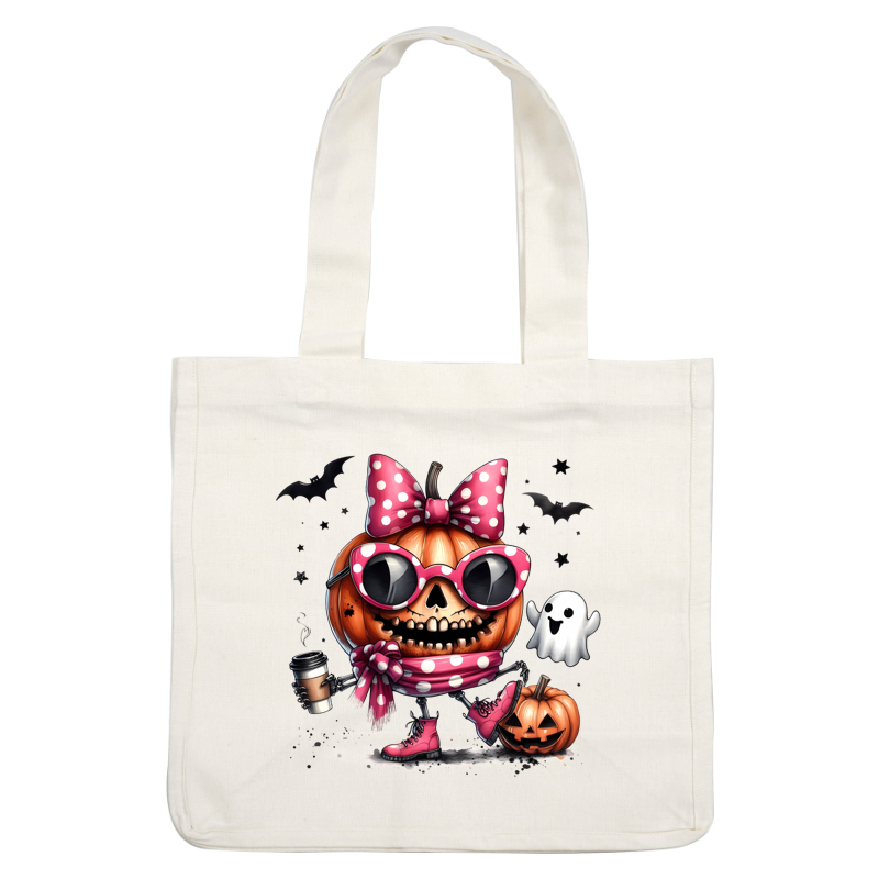 A whimsical skeleton pumpkin character wearing pink accessories, holding coffee, surrounded by bats and a cute ghost, perfect for Halloween! dtf prints heat press transfers