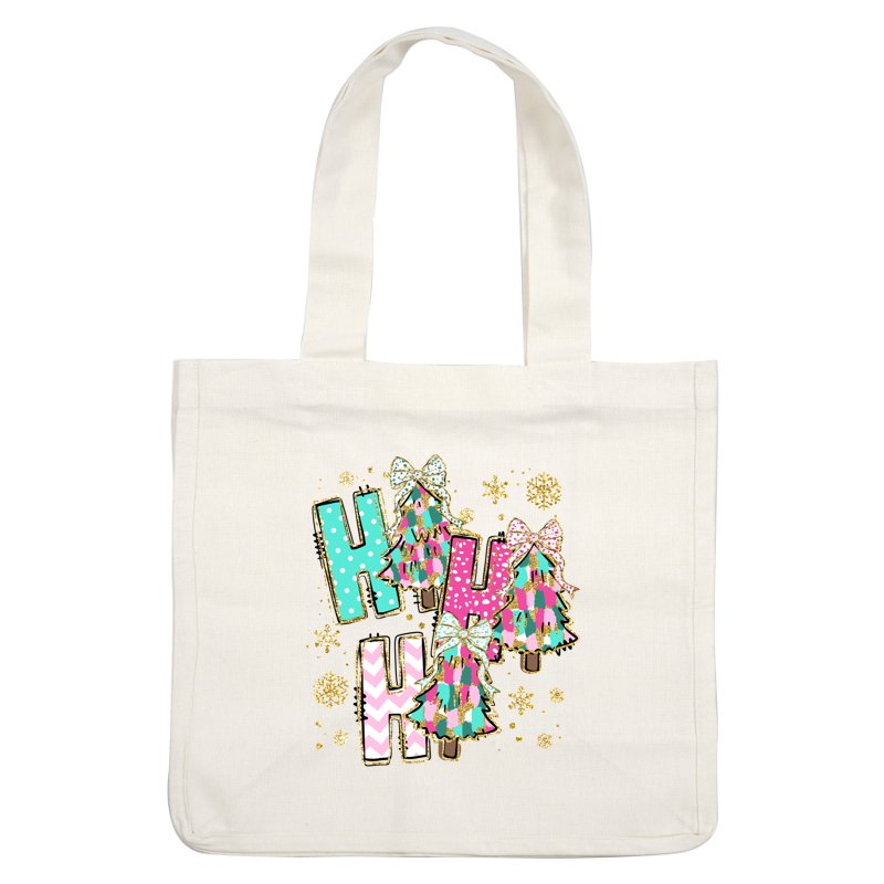 A festive design featuring colorful Christmas trees decorated with bows and vibrant patterns alongside playful "Ho Ho Ho" text embellished with sparkles.DTF Transfers