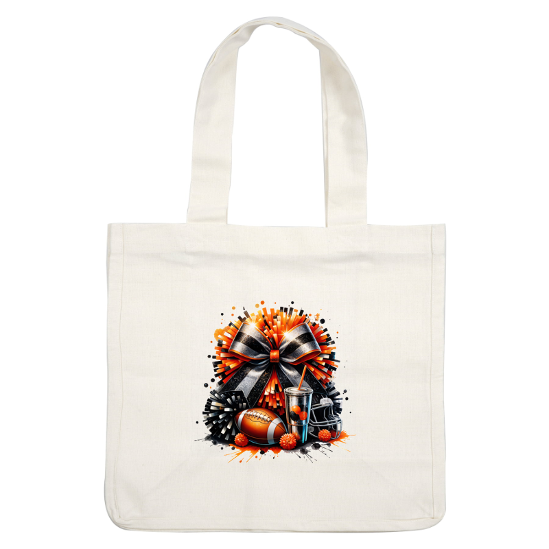 A vibrant football-themed arrangement featuring a large orange and black bow, a football, a helmet, pom-poms, and a drink.DTF Transfers dtf transfers