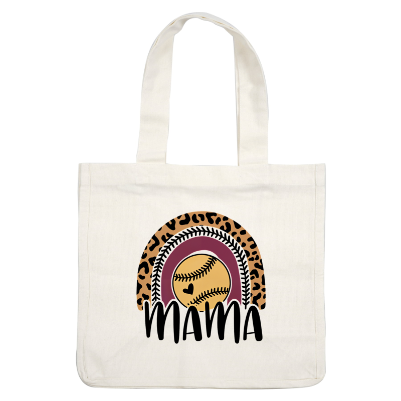 A colorful, playful illustration of a rainbow with a leopard print and a central baseball, topped with "Mama" lettering.DTF Transfers heat press transfers